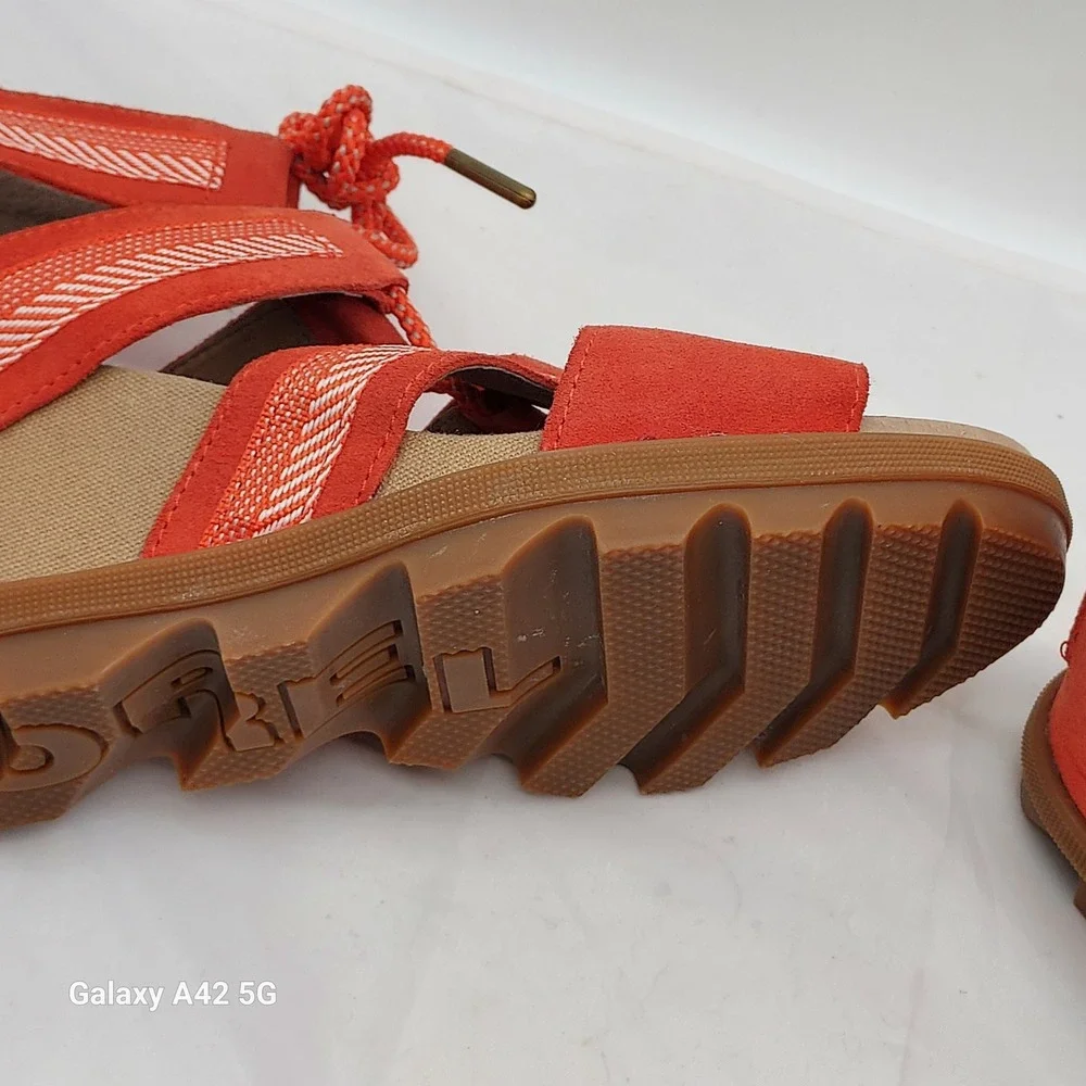 Sorel Joanie II Lace Wedge Sandals‎ Red Orange Suede NL3288-864 Womens 8.5